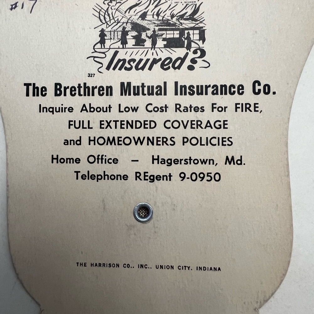 Vintage trifold cardboard, advertisement hand fan Brethren Mutual Insurance Co. - Picture 4 of 4